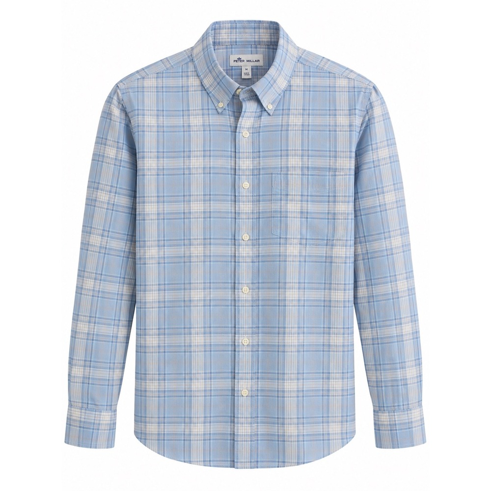 Peter Millar Mens XL Blue Plaid Button Down Shirt Long Sleeve Cotton Casual Golf